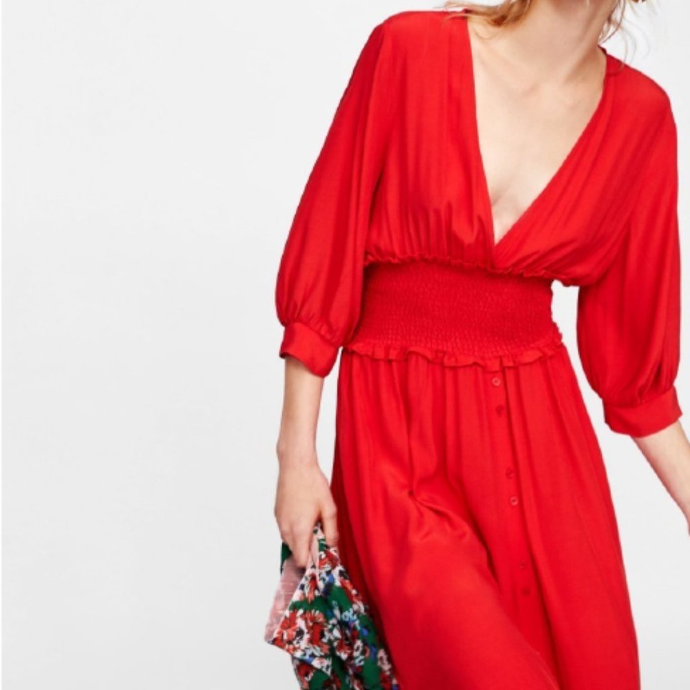 ZARA red ruched waist dress blogger's favorite!